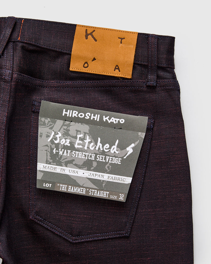 "Etched" 13oz Bordeaux Weft Stretch Selvedge Denim - Hammer Straight