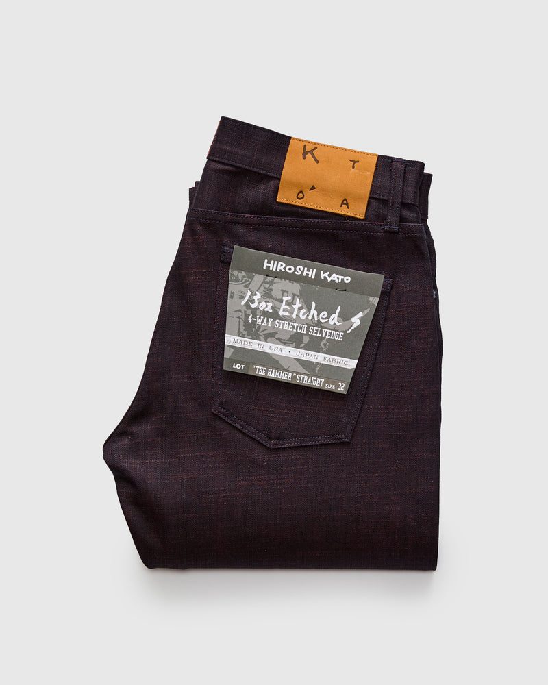 "Etched" 13oz Bordeaux Weft Stretch Selvedge Denim - Hammer Straight
