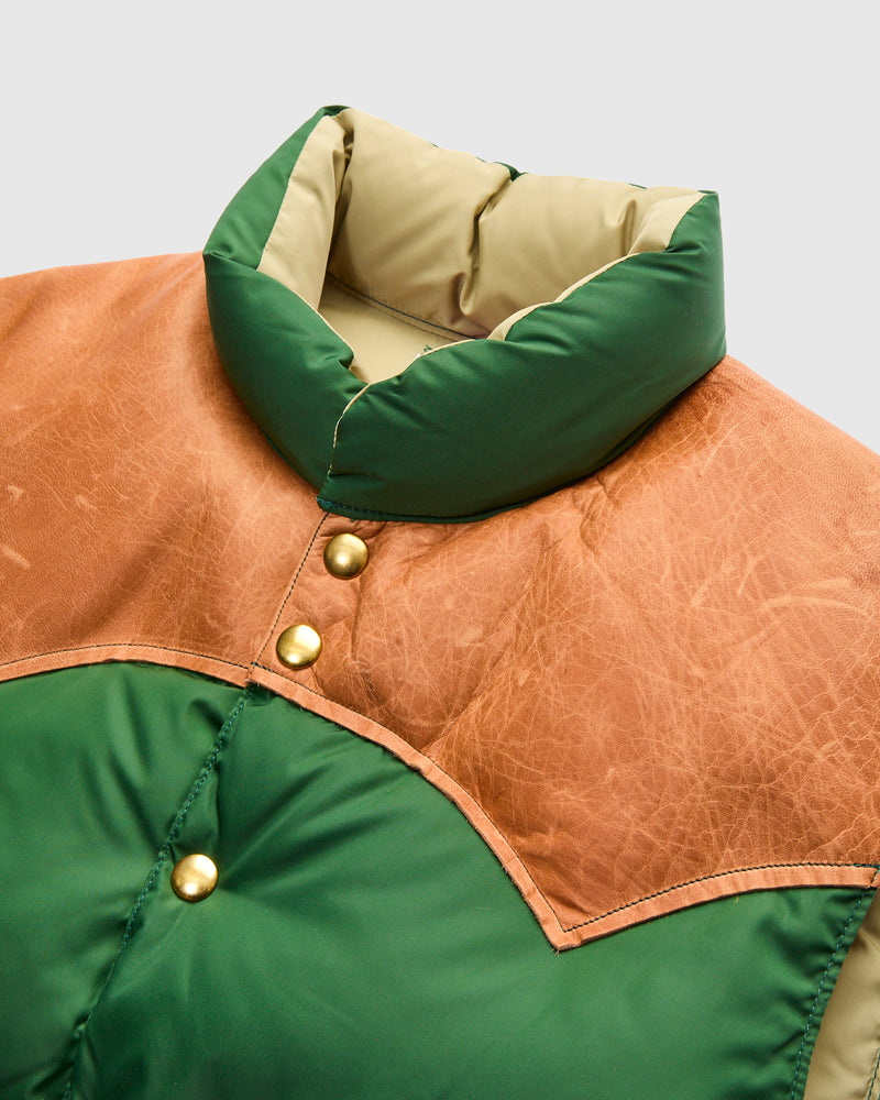 Rocky Mountain Featherbed x Warehouse Nylon Down Vest in Bottle Green