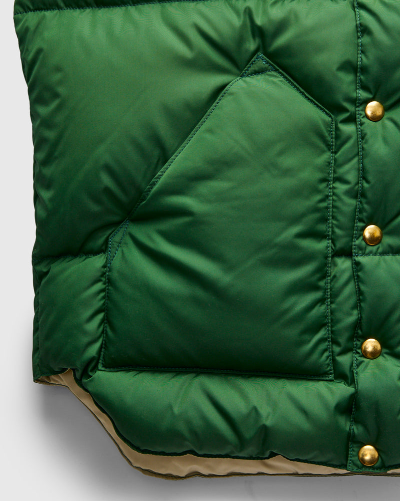 Rocky Mountain Featherbed x Warehouse Nylon Down Vest in Bottle Green