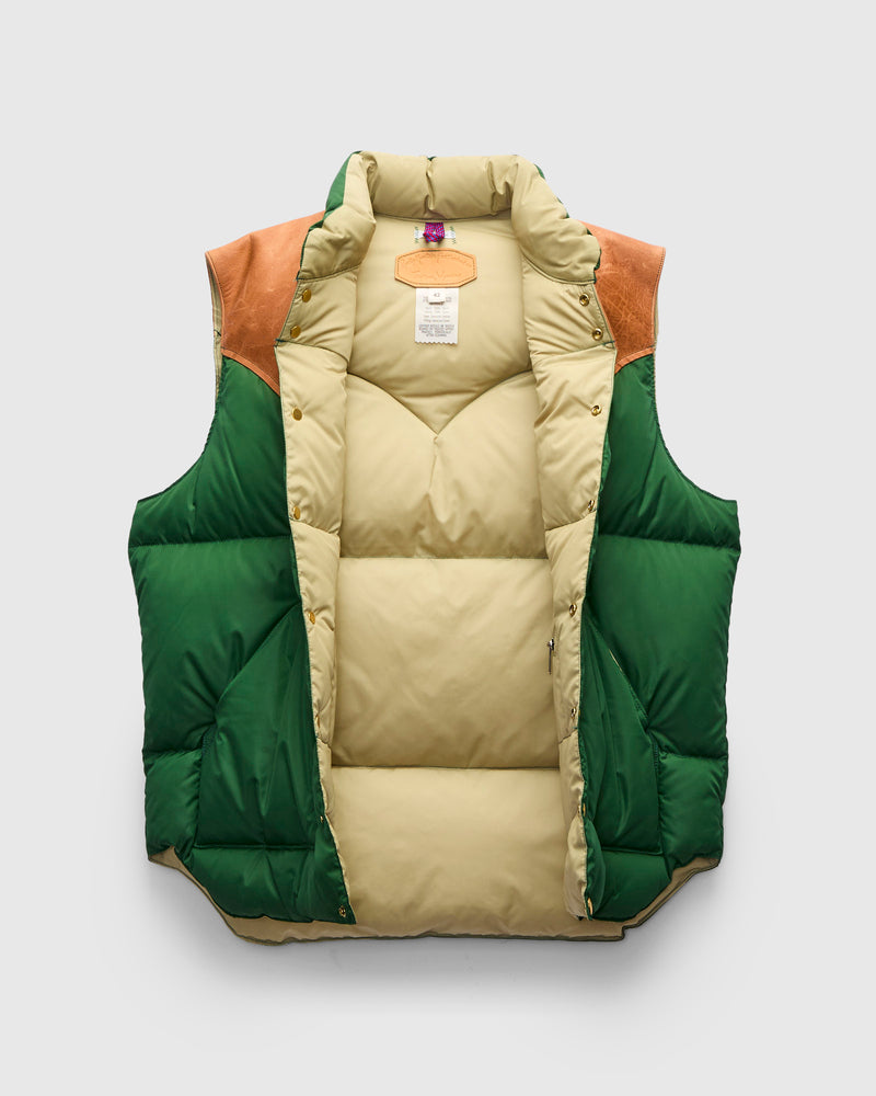Rocky Mountain Featherbed x Warehouse Nylon Down Vest in Bottle Green