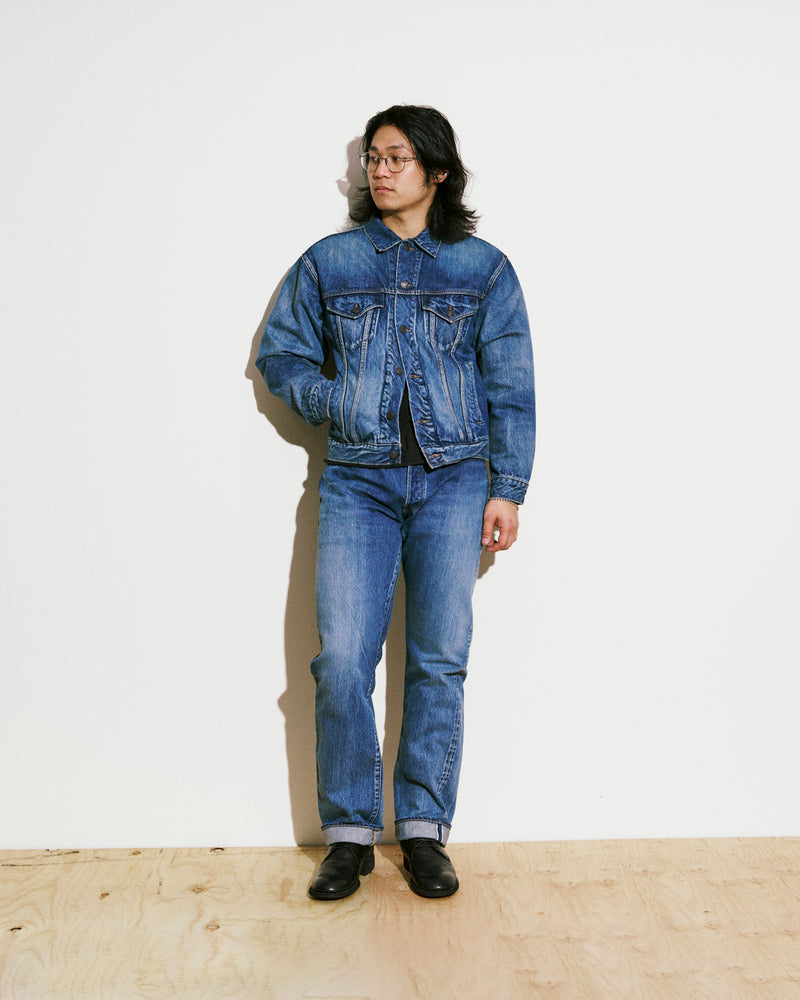 4 Pocket Denim Jacket in Medium Dark Blue Damage