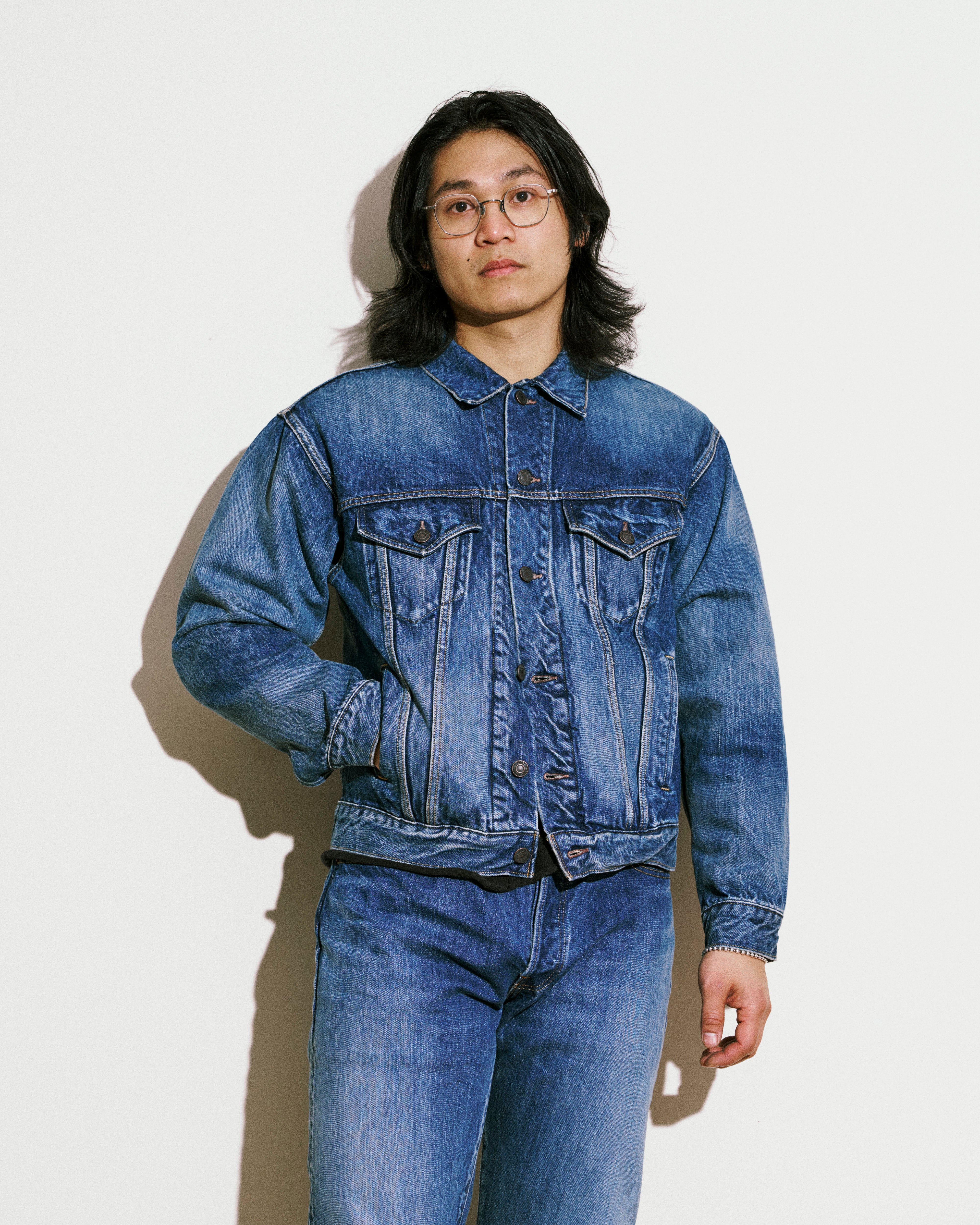 4 Pocket Denim Jacket in Medium Dark Blue Damage – Blue Owl Workshop