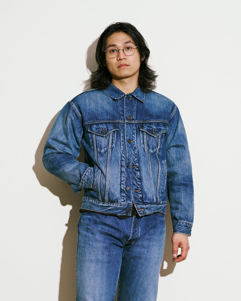 4 Pocket Denim Jacket in Medium Dark Blue Damage