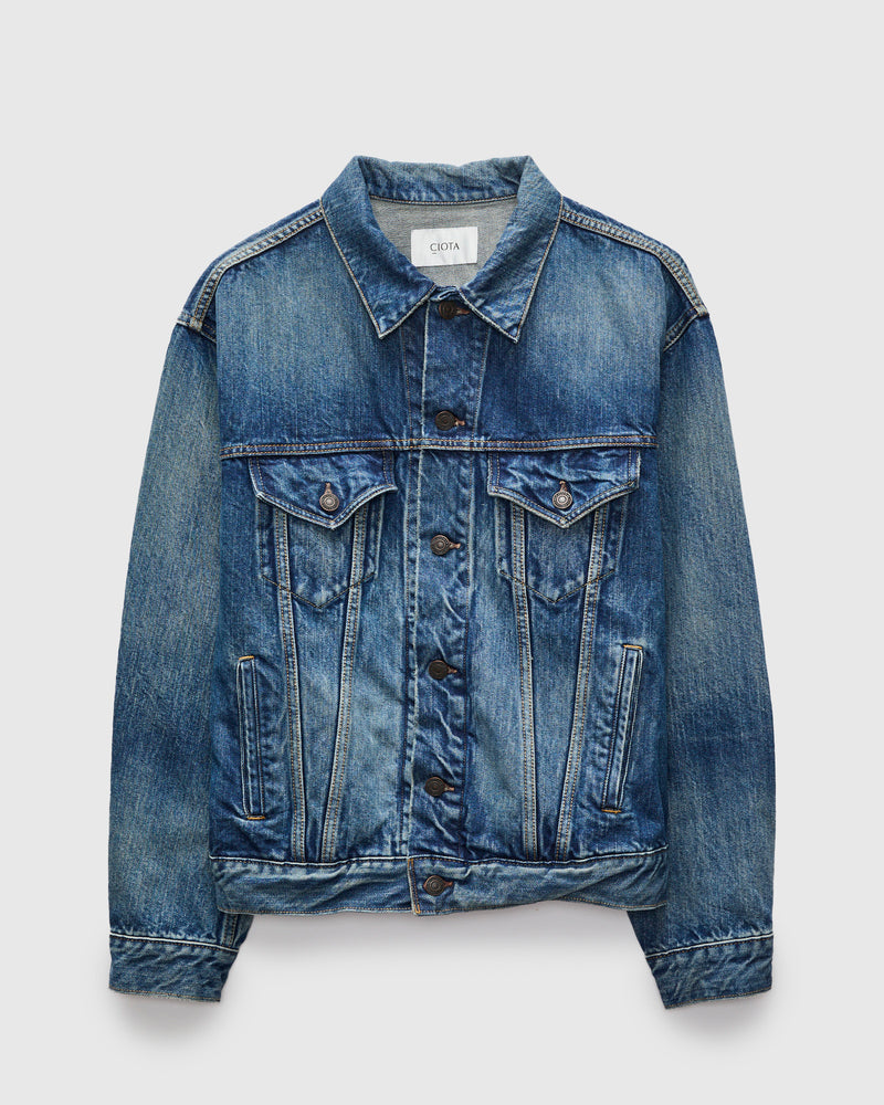 4 Pocket Denim Jacket in Medium Dark Blue Damage