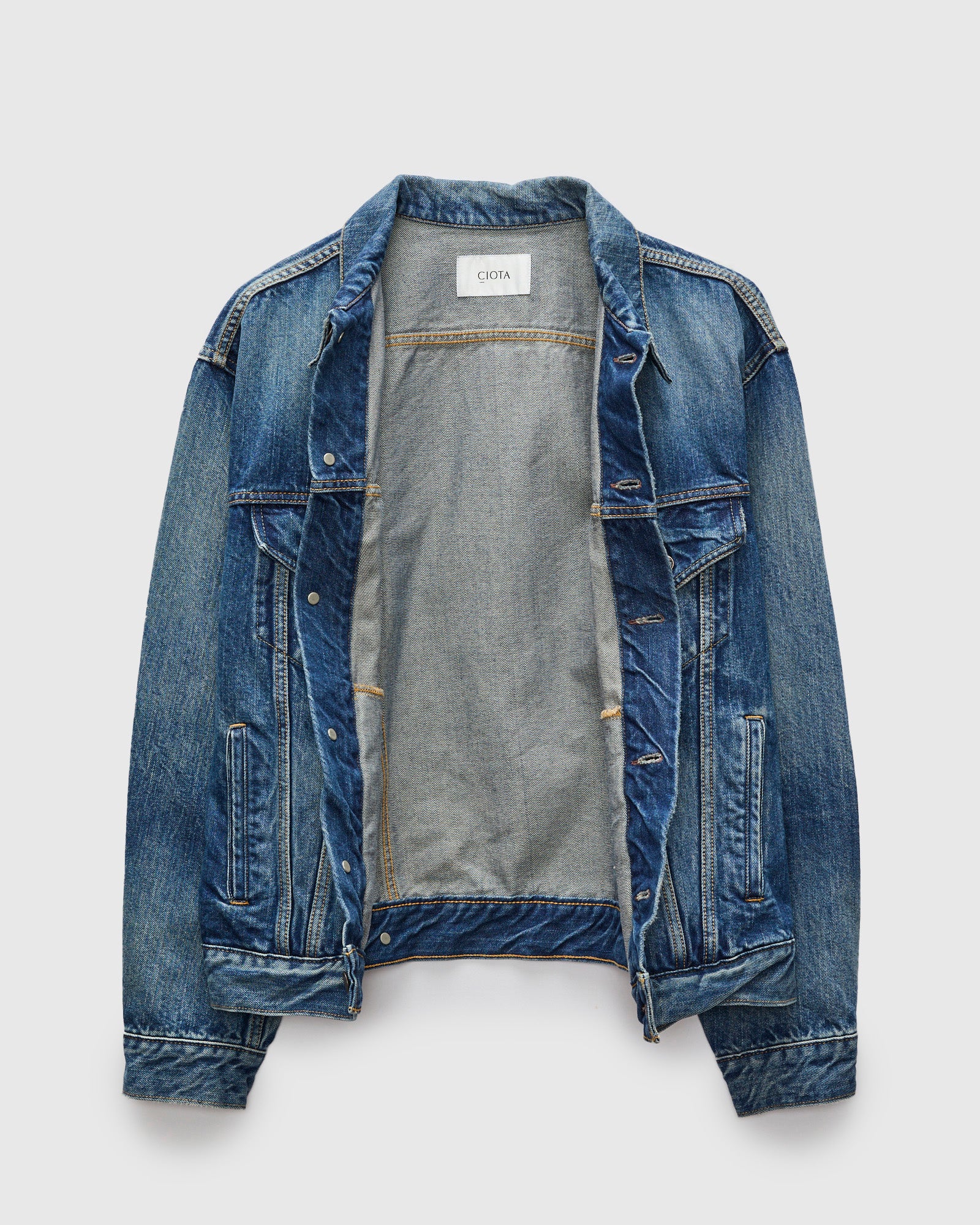 4 Pocket Denim Jacket in Medium Dark Blue Damage – Blue Owl Workshop