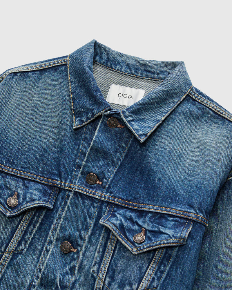 4 Pocket Denim Jacket in Medium Dark Blue Damage