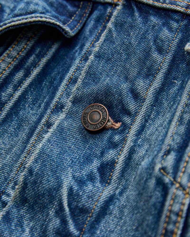 4 Pocket Denim Jacket in Medium Dark Blue Damage