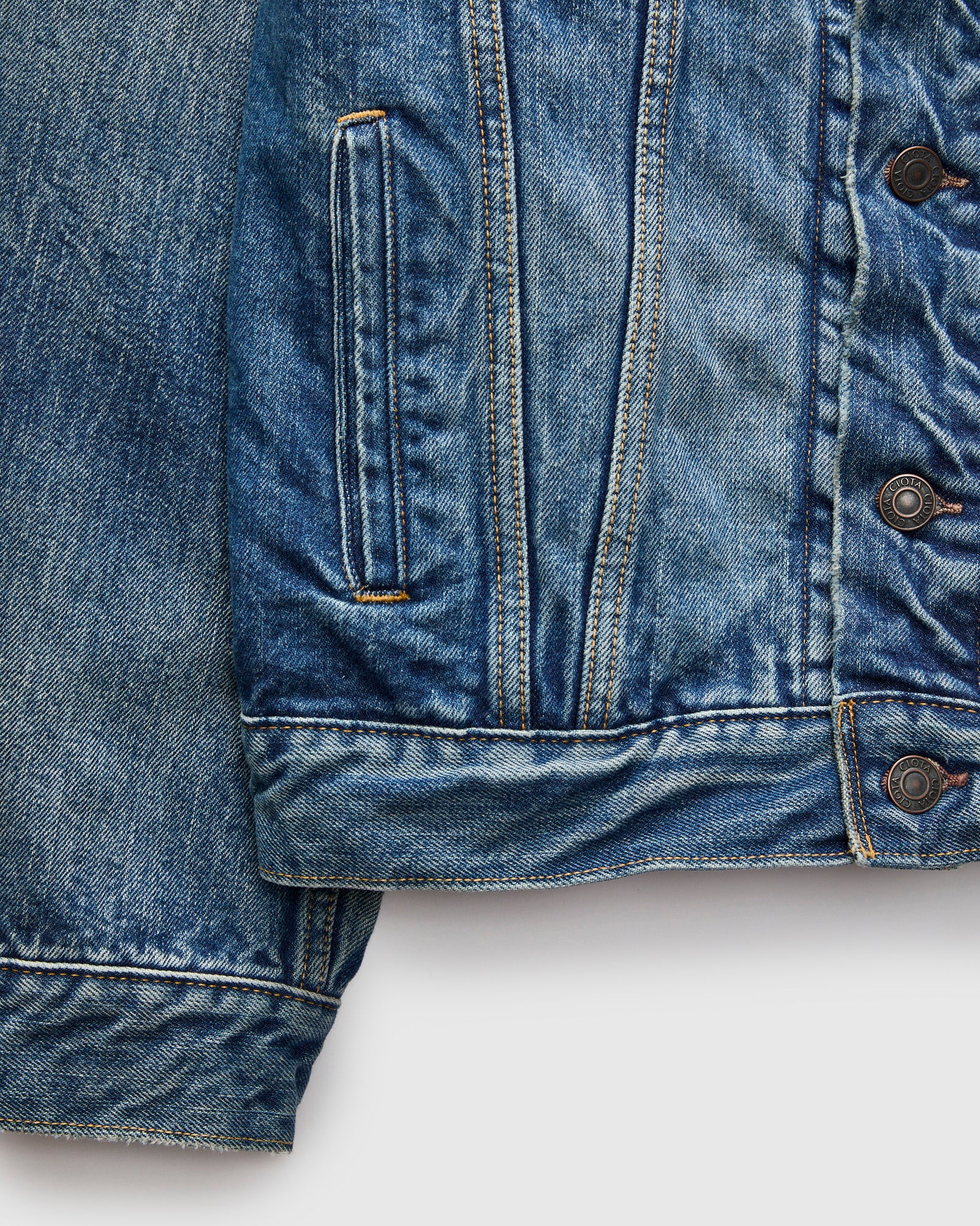 4 Pocket Denim Jacket in Medium Dark Blue Damage – Blue Owl Workshop