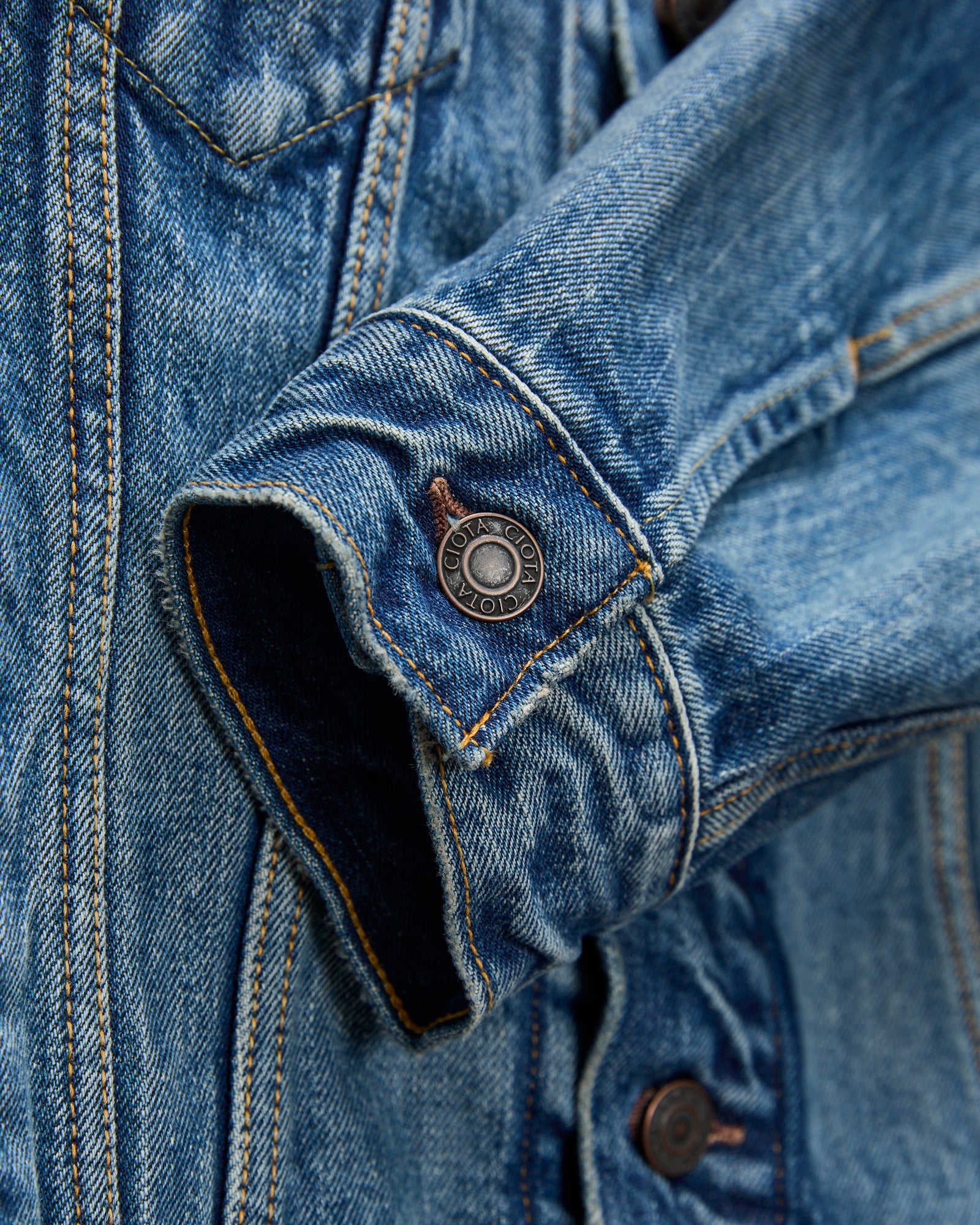4 Pocket Denim Jacket in Medium Dark Blue Damage – Blue Owl Workshop