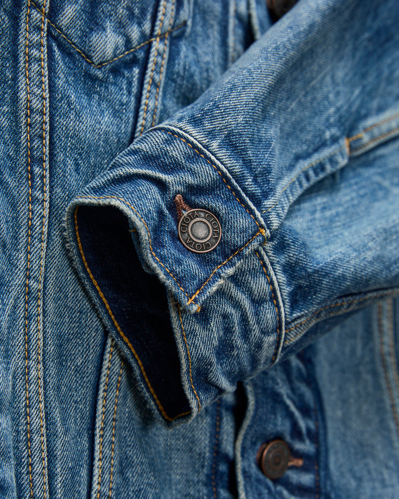 4 Pocket Denim Jacket in Medium Dark Blue Damage