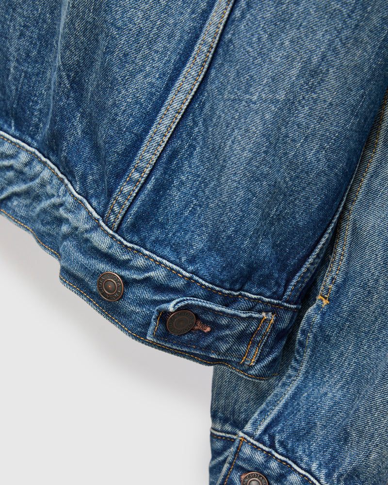 4 Pocket Denim Jacket in Medium Dark Blue Damage