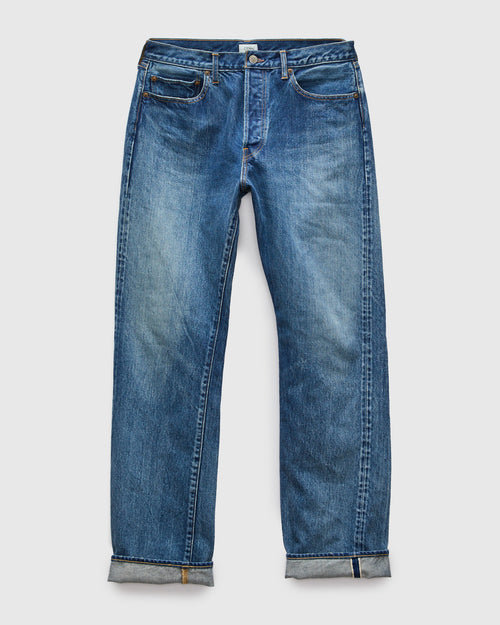Straight 5 Pocket Selvedge Denim Pants in Medium Dark Blue Damage