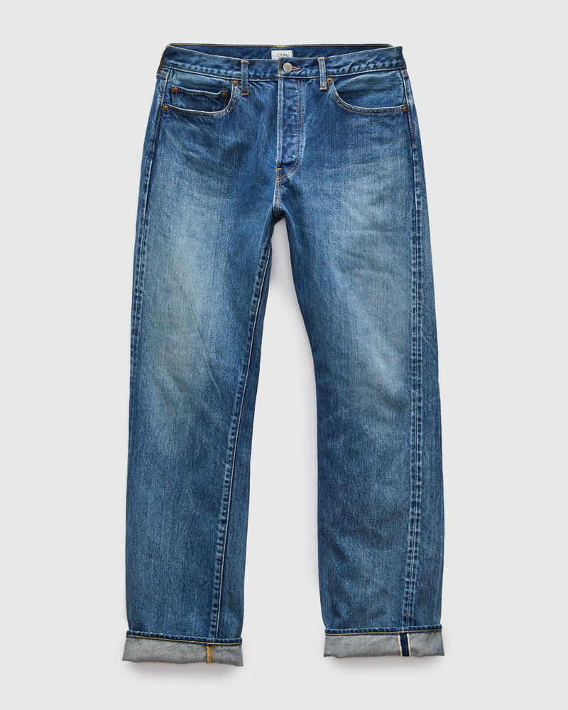 Straight 5 Pocket Selvedge Denim Pants in Medium Dark Blue Damage