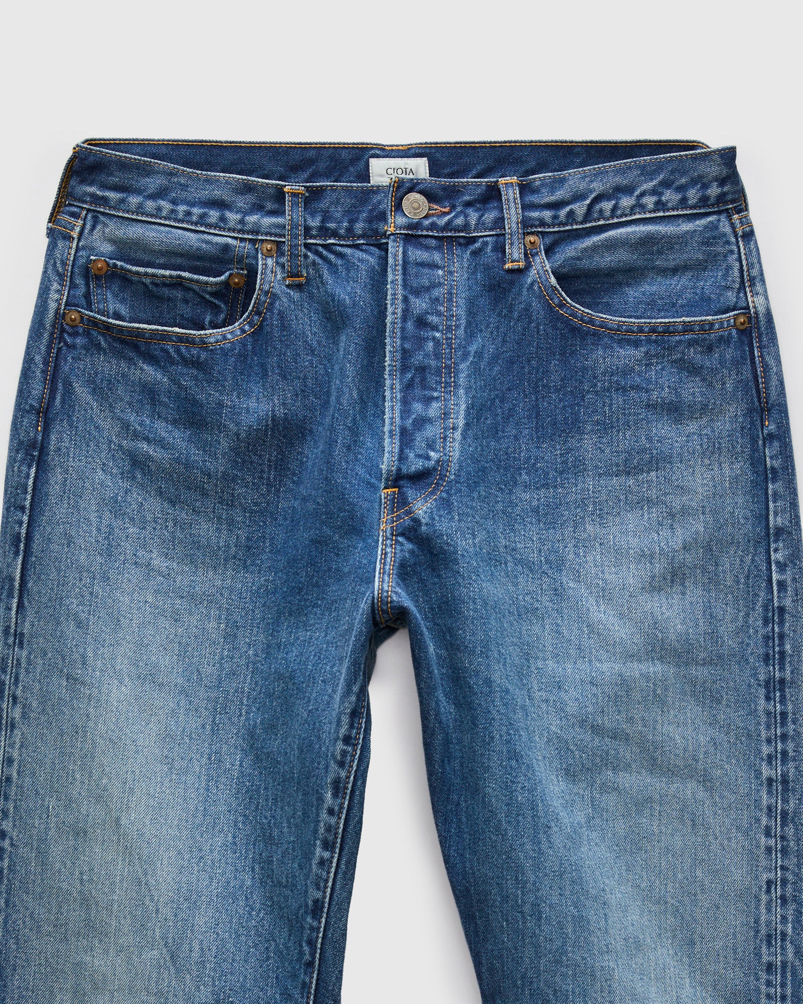 Straight 5 Pocket Selvedge Denim Pants in Medium Dark Blue Damage