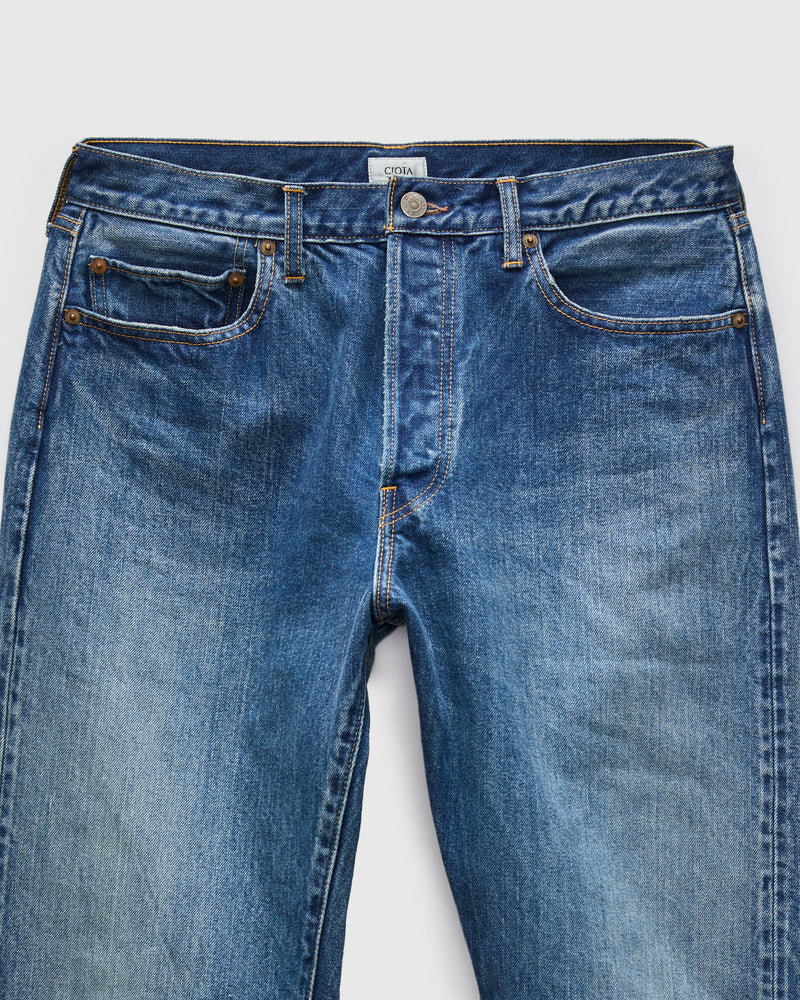 Straight 5 Pocket Selvedge Denim Pants in Medium Dark Blue Damage