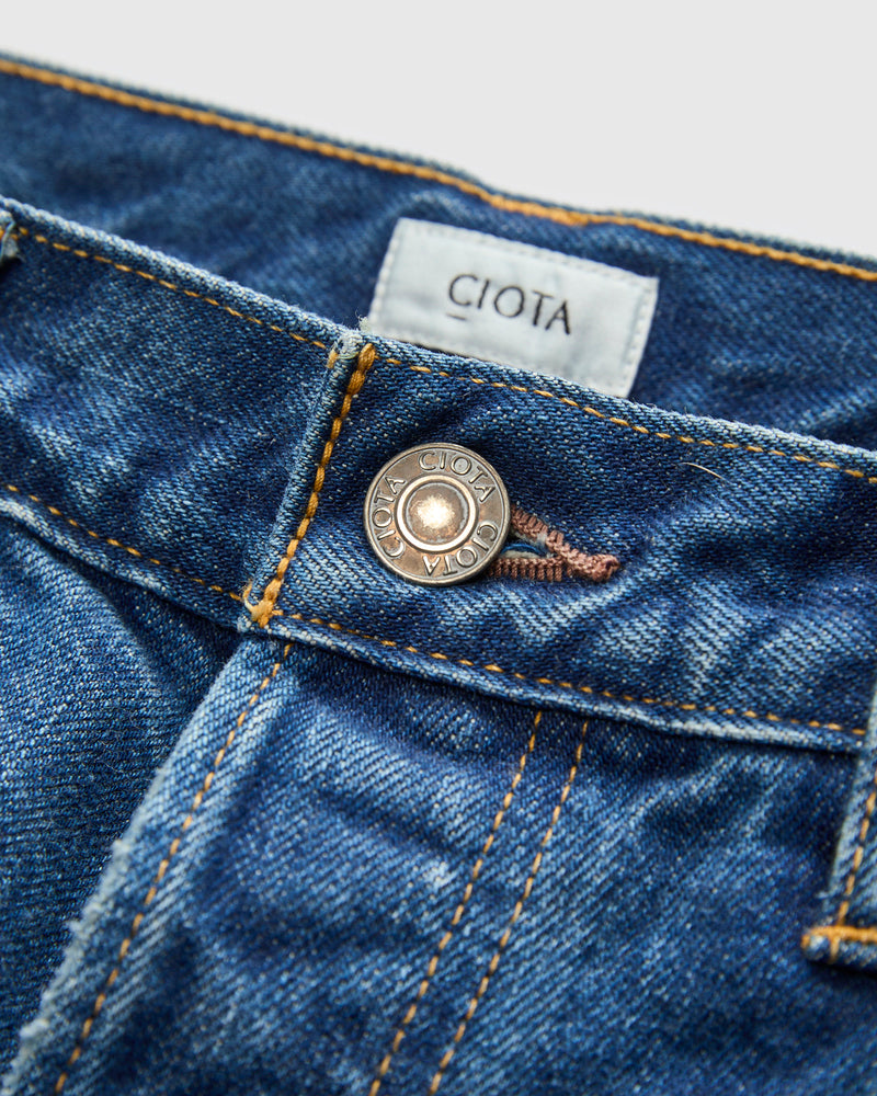 Straight 5 Pocket Selvedge Denim Pants in Medium Dark Blue Damage