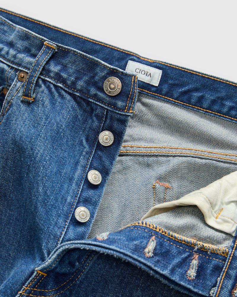 Straight 5 Pocket Selvedge Denim Pants in Medium Dark Blue Damage