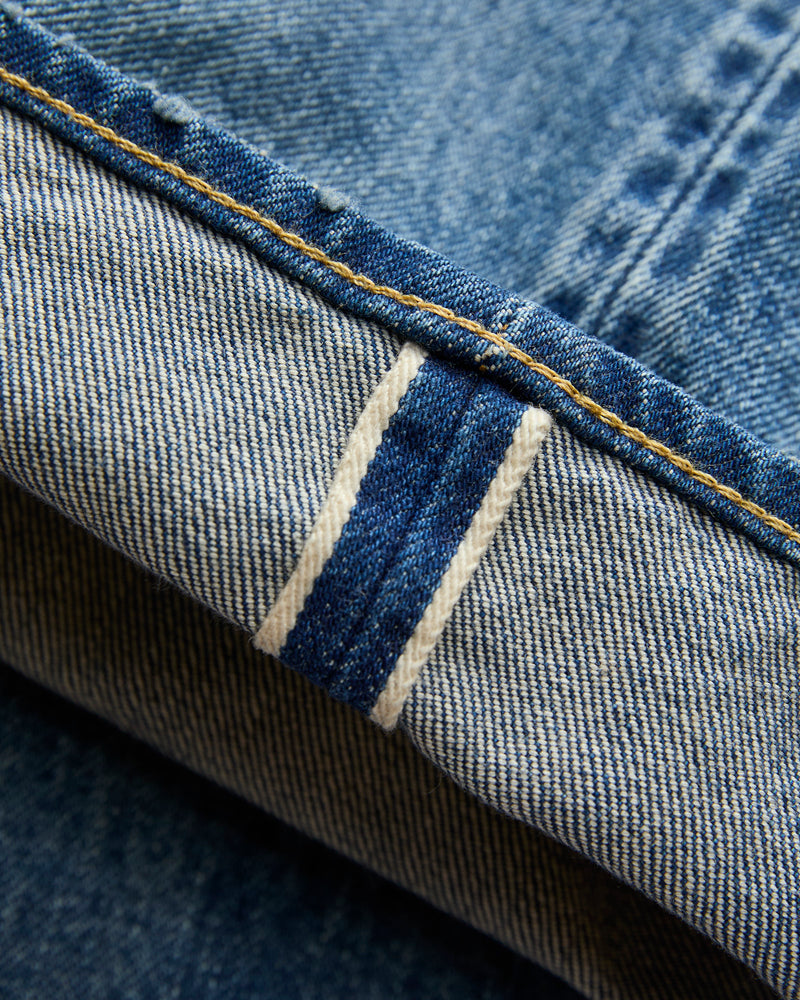 Straight 5 Pocket Selvedge Denim Pants in Medium Dark Blue Damage