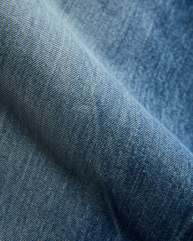 Straight 5 Pocket Selvedge Denim Pants in Medium Dark Blue Damage