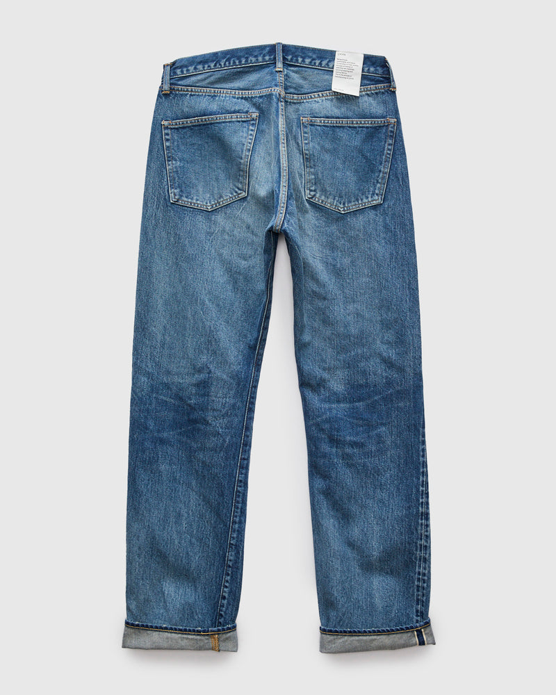 Straight 5 Pocket Selvedge Denim Pants in Medium Dark Blue Damage