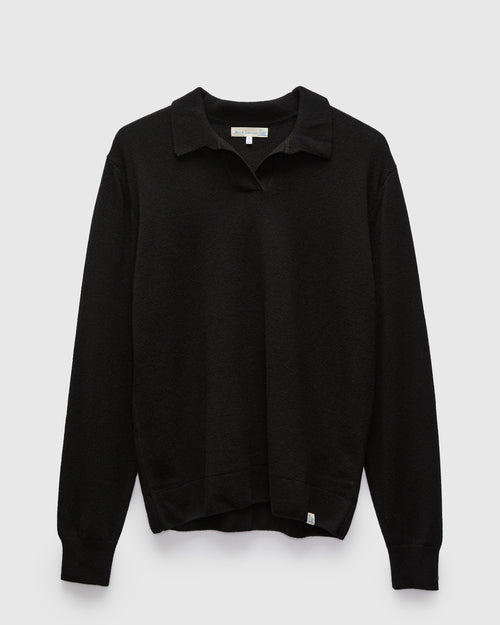Wool-Silk-Cashmere Long Sleeve Polo in Deep Black