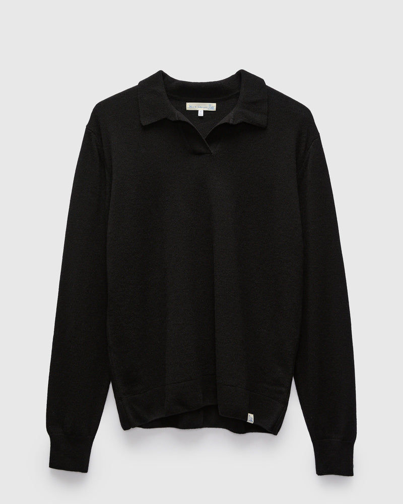 Wool-Silk-Cashmere Long Sleeve Polo in Deep Black