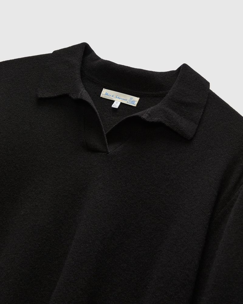 Wool-Silk-Cashmere Long Sleeve Polo in Deep Black