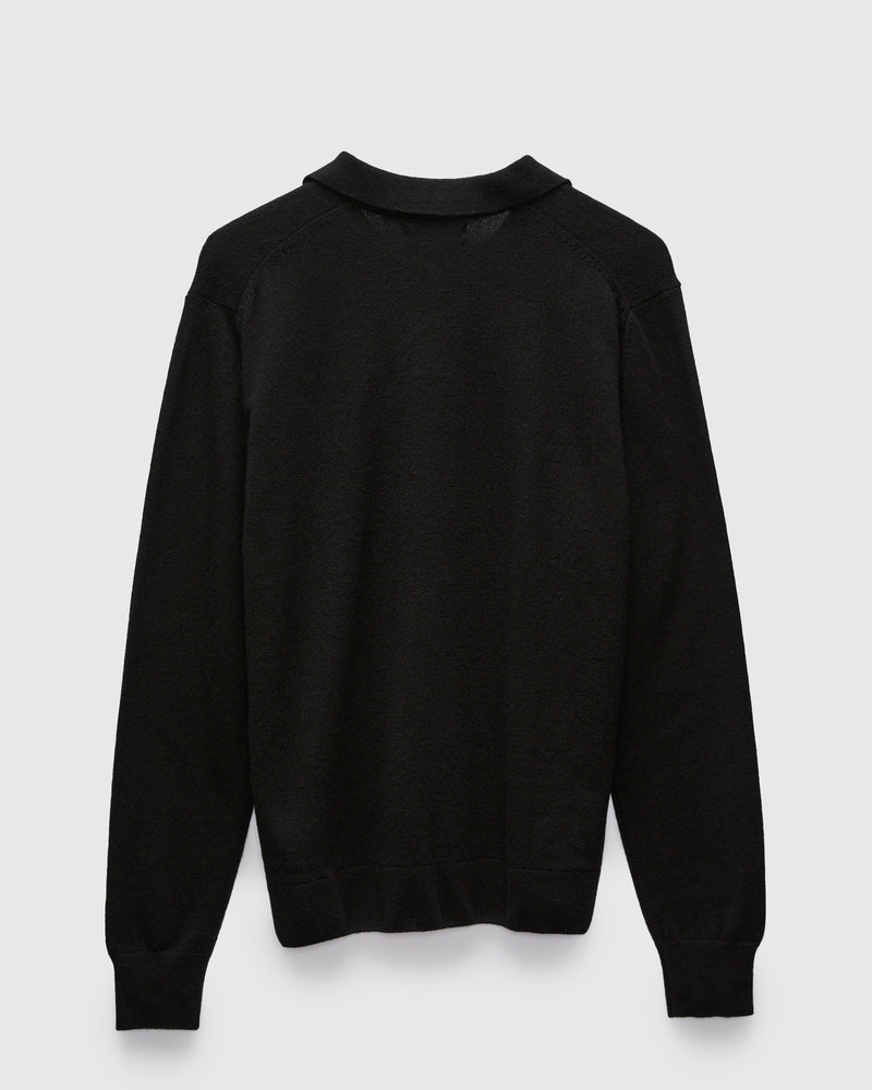 Wool-Silk-Cashmere Long Sleeve Polo in Deep Black