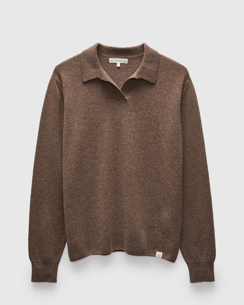 Wool-Silk-Cashmere Long Sleeve Polo in Grain