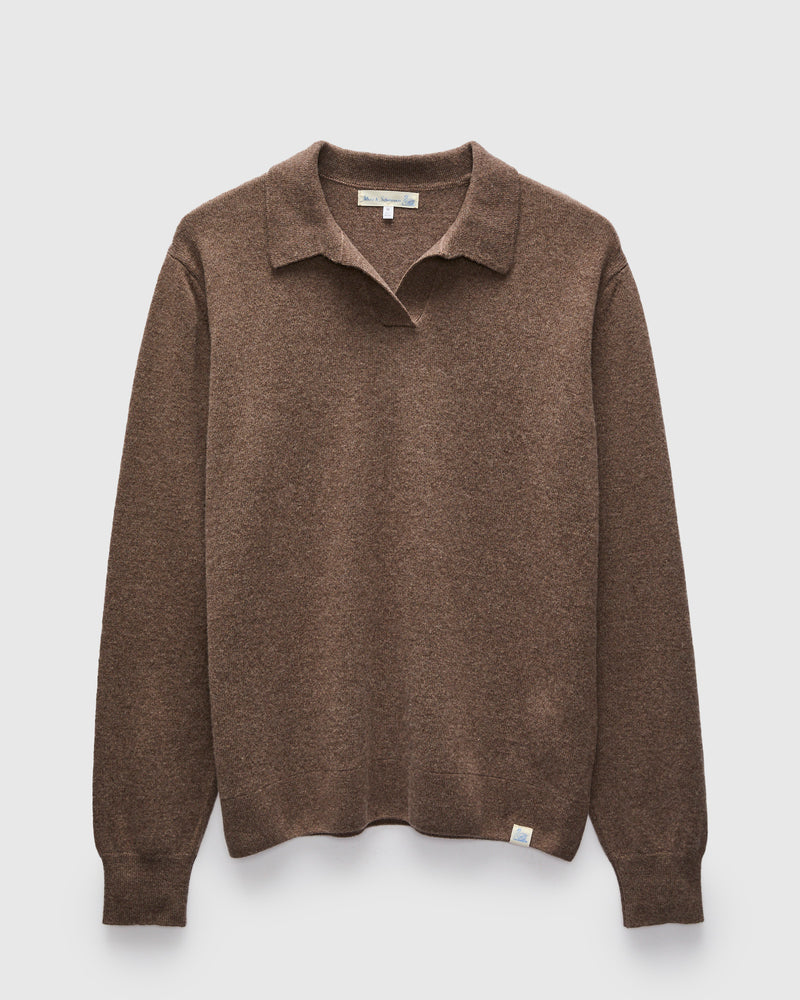 Wool-Silk-Cashmere Long Sleeve Polo in Grain