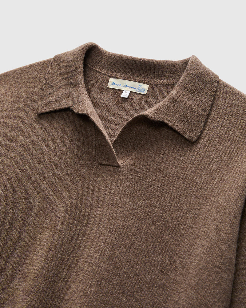 Wool-Silk-Cashmere Long Sleeve Polo in Grain