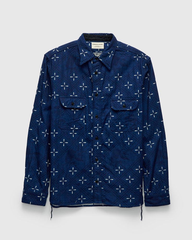 Narihirabishi Goldfish Pattern Jacquard Work Shirt in Indigo