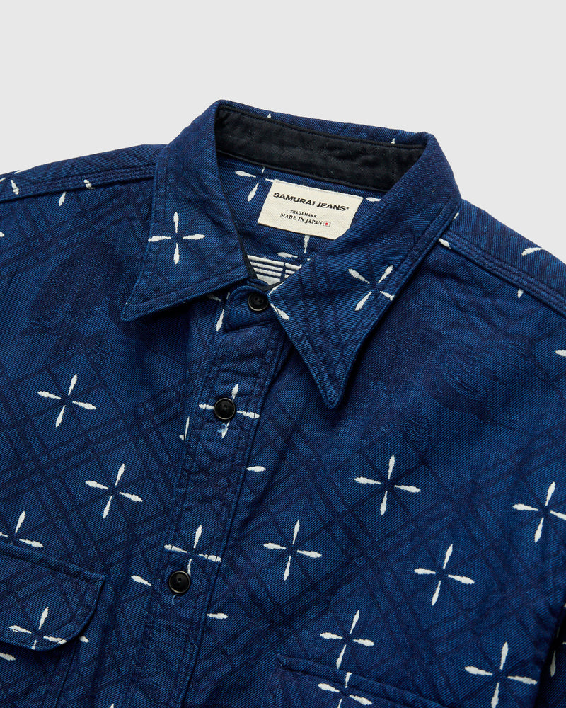 Narihirabishi Goldfish Pattern Jacquard Work Shirt in Indigo