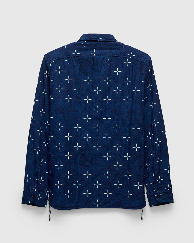 Narihirabishi Goldfish Pattern Jacquard Work Shirt in Indigo
