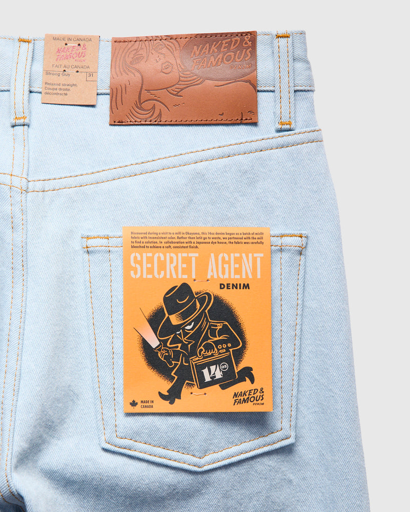 "Secret Agent" 14oz Bleach Blue Denim - Strong Guy Fit