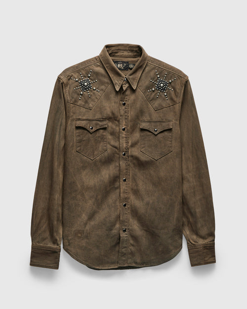 Studded Western Workshirt in Distressed Brown Wash