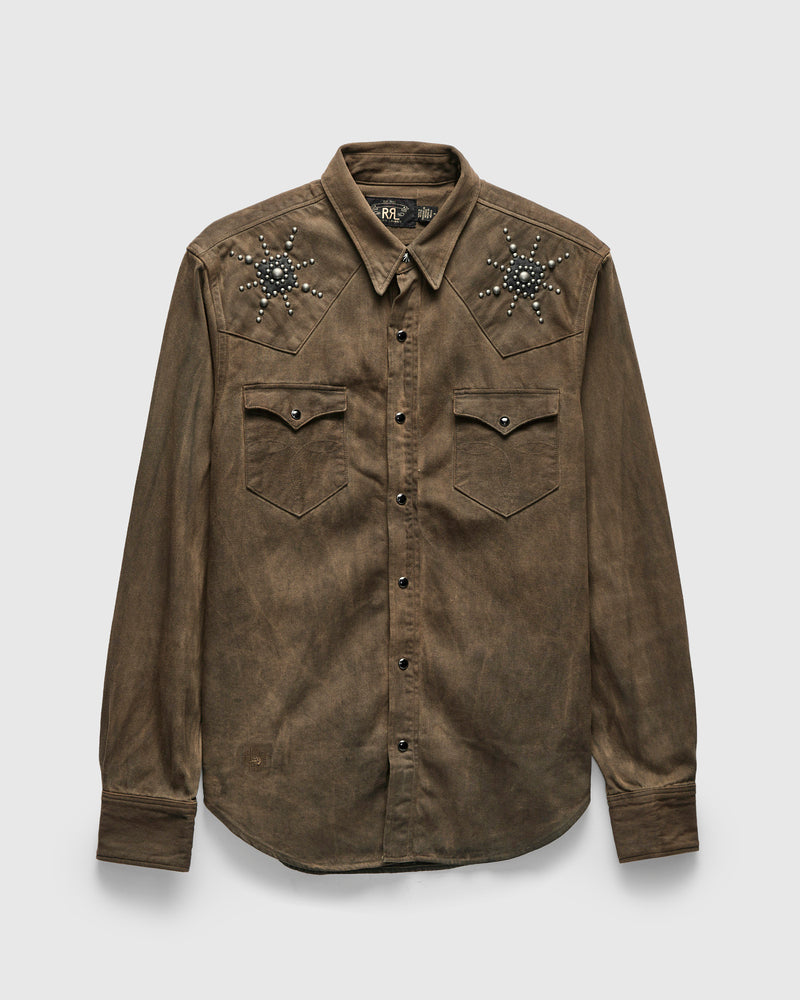 Studded Western Workshirt in Distressed Brown Wash