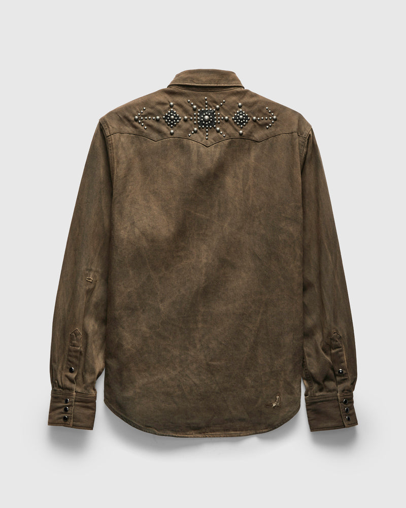 Studded Western Workshirt in Distressed Brown Wash
