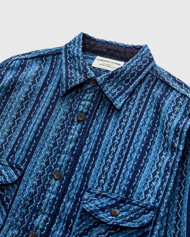 "Kasuri Stripe" Sashiko Workshirt in Natural Indigo