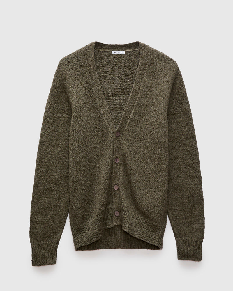 Classic Cardigan in Olive Boucle