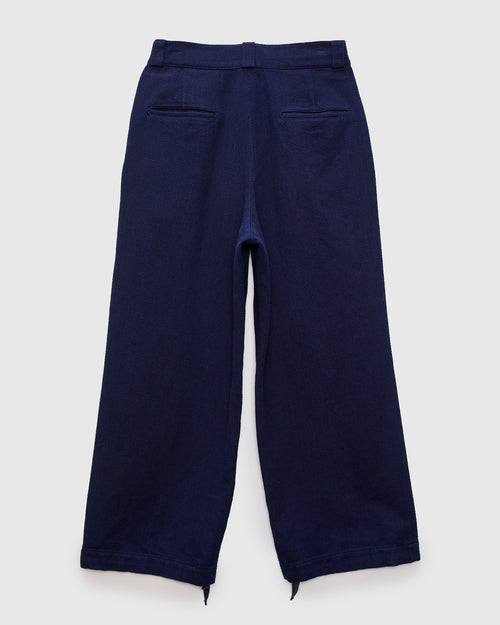 Double Cloth Sashiko Wide Tuck Trousers in Pure Indigo