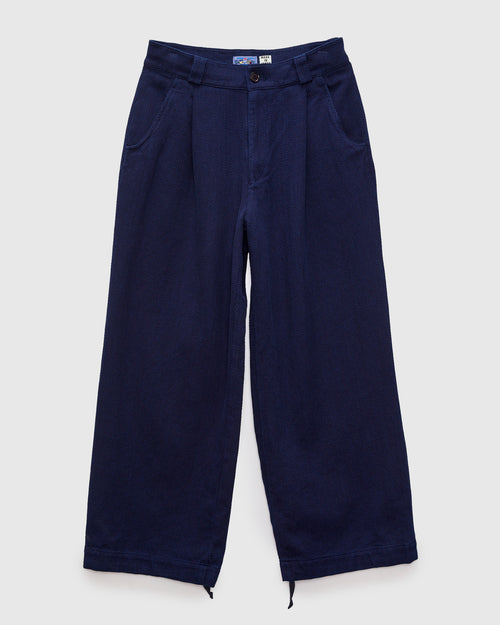 Double Cloth Sashiko Wide Tuck Trousers in Pure Indigo