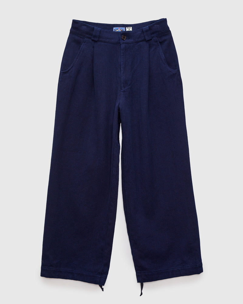 Double Cloth Sashiko Wide Tuck Trousers in Pure Indigo