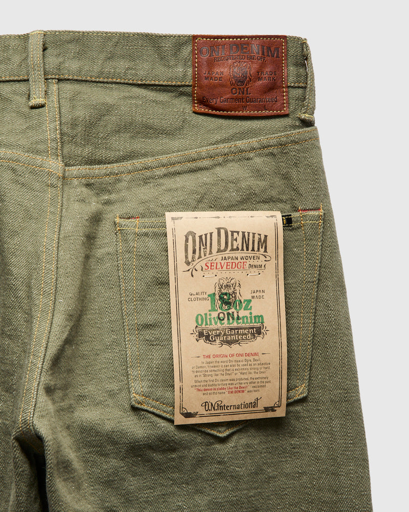 822-OLD18 "Olive" 18oz Low Tension Olive Selvedge Denim - Super Wide Tapered Fit
