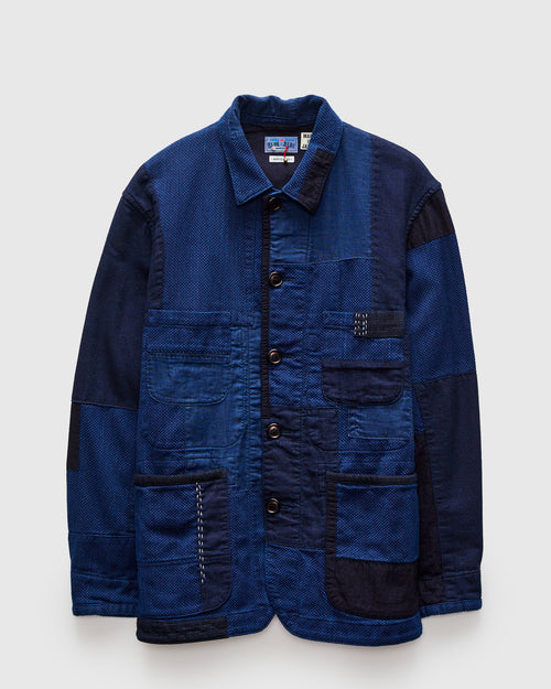 Kasezome Sashiko Nenrin Coverall Jacket in Patchwork Indigo