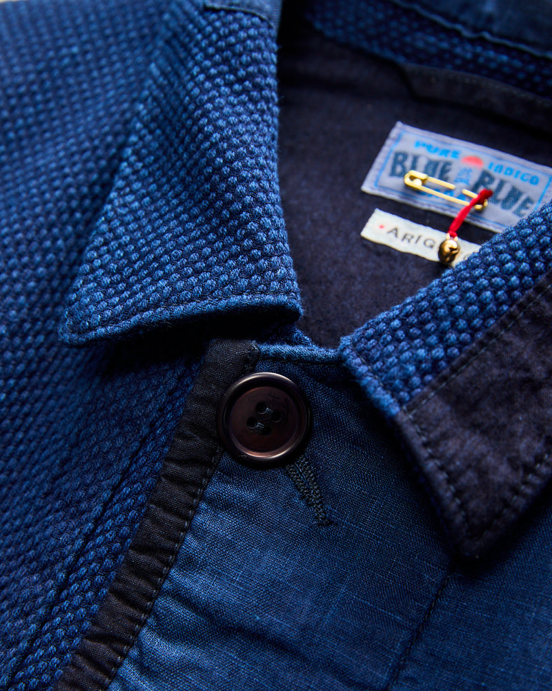 Kasezome Sashiko Nenrin Coverall Jacket in Patchwork Indigo