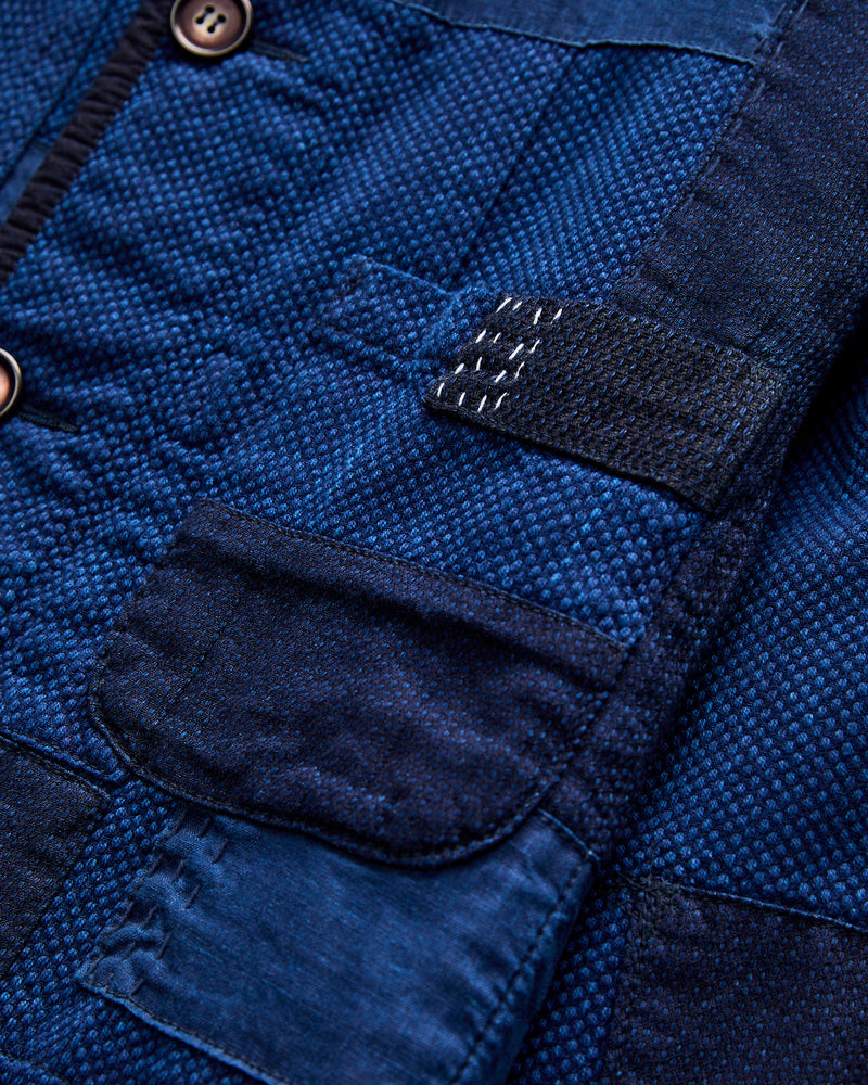 Kasezome Sashiko Nenrin Coverall Jacket in Patchwork Indigo