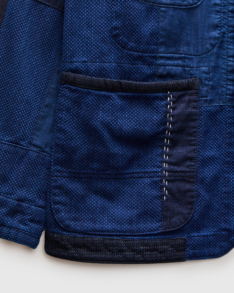 Kasezome Sashiko Nenrin Coverall Jacket in Patchwork Indigo