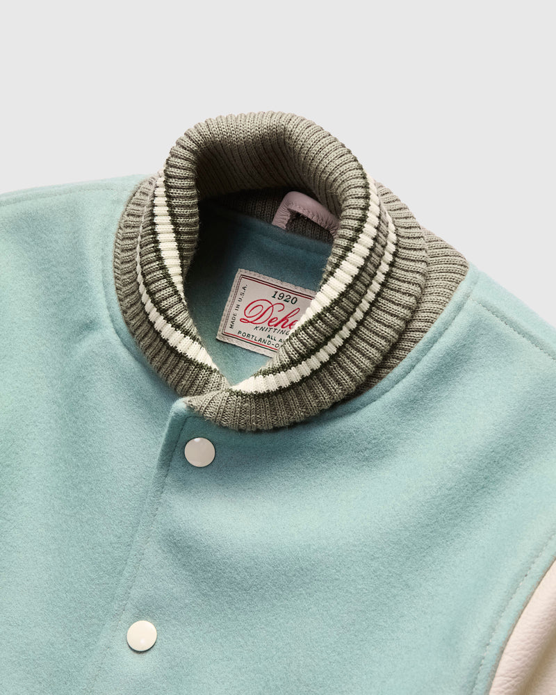 2-Stripe Varsity Jacket in Reef Ecowise Wool Milk Leather